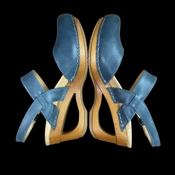 Dansko Taci Mary Jane Clogs Women’s 7 EU 37 Blue Leather Wood Cutout - Picture 11 of 13